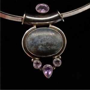 Vintage Sterling Silver K2 Jasper & Amethyst Statement Pendant Necklace